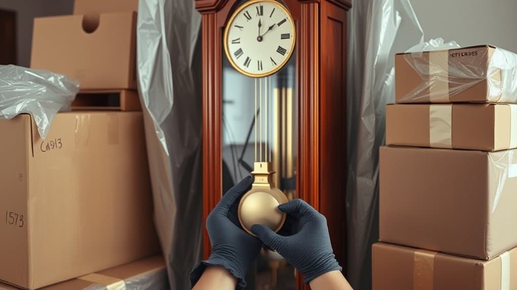 Close-up of gloved hands removing the pendulum from a grandfather clock, highlighting careful disassembly during a move.