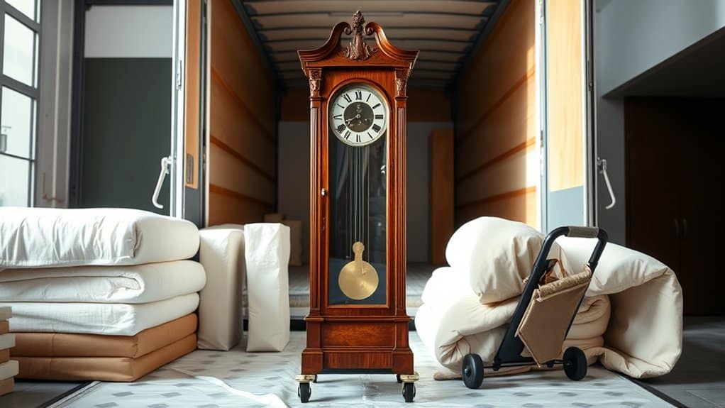 Antique grandfather clock in front of a moving truck with padding and a dolly, illustrating the process of safely relocating a tall wooden clock