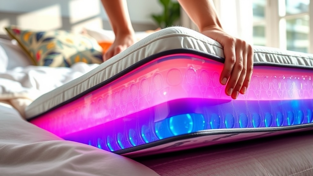 Close-up of a person lifting a gel mattress corner, revealing the vibrant gel layer inside.