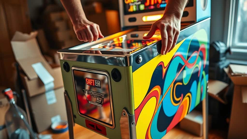 Close-up of hands removing or adjusting parts of a brightly colored pinball machine during relocation.