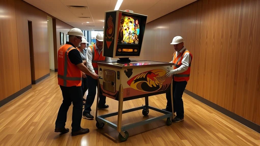 Four workers wearing safety gear and vests carefully moving a classic pinball machine on a wheeled cart in a hallway.